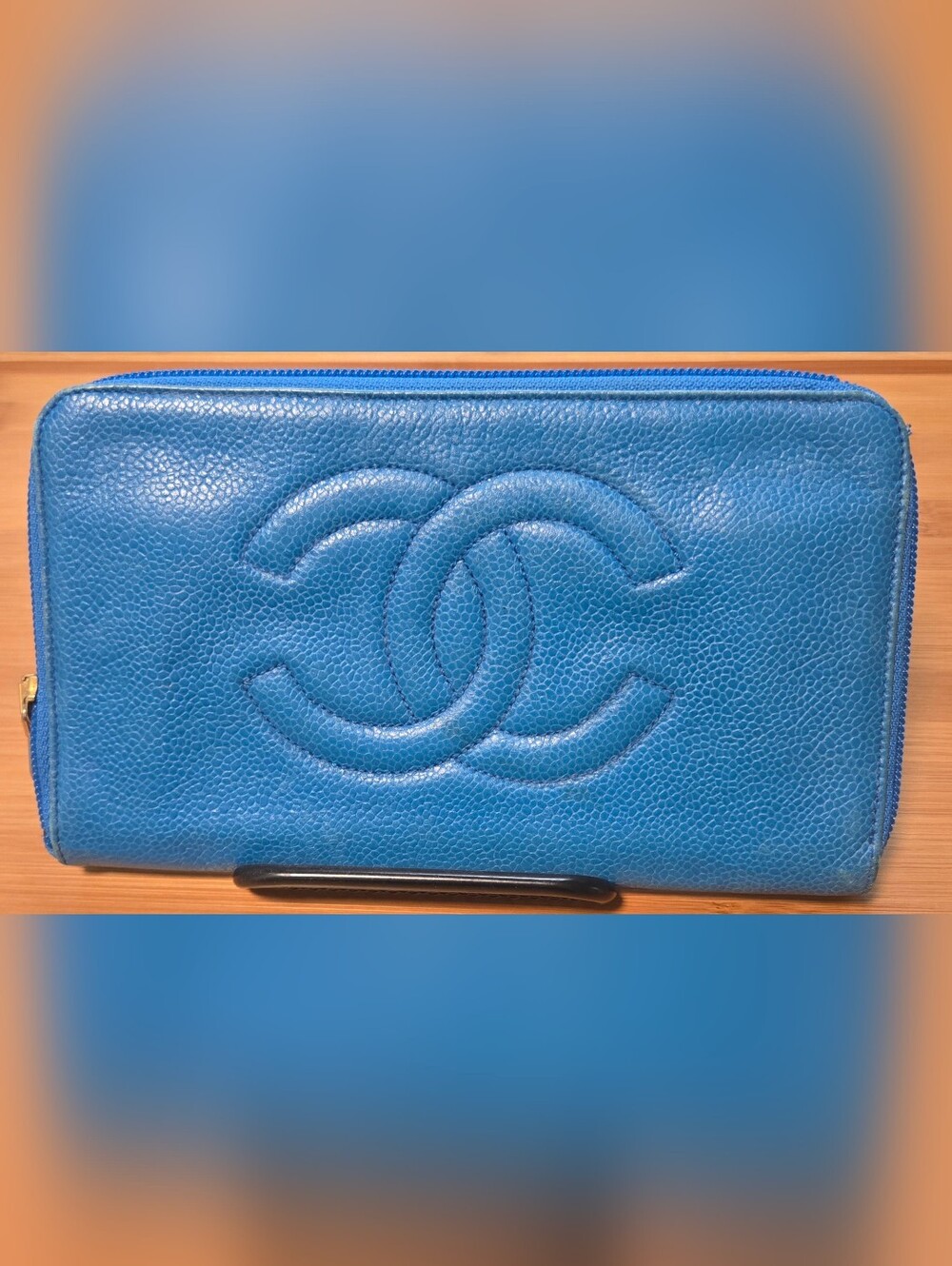CHANEL Blue Quilted Caviar Leather Zip Wallet with CC Logo